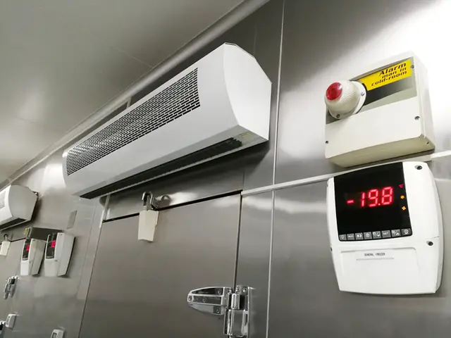 Commercial cold room with an air curtain and freezer controller panel